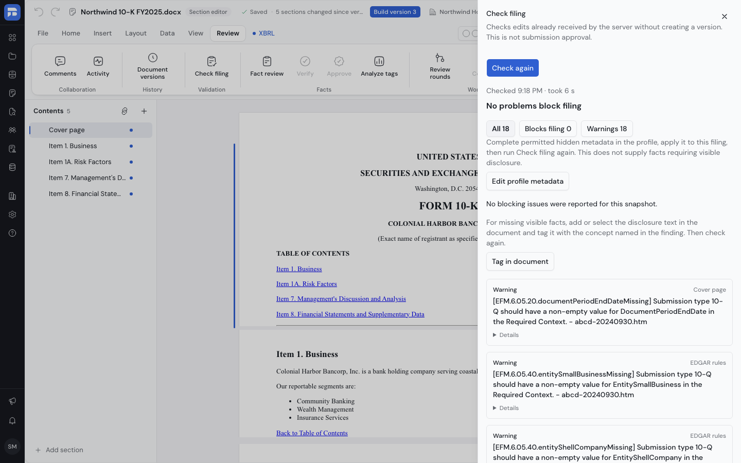 The Check filing panel next to the document. It shows the result, the counts for all findings, blocking findings and warnings, and a card for each finding.