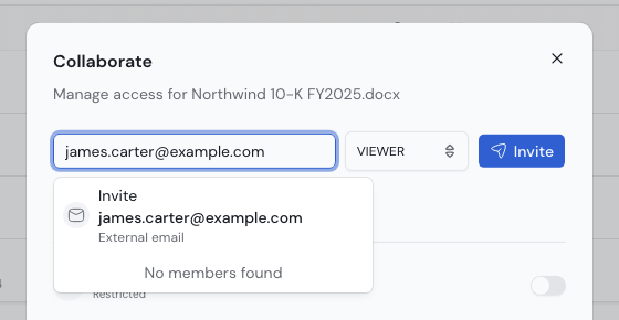 An email address typed into the Collaborate dialog. The suggestion list offers to invite the address as an external email.