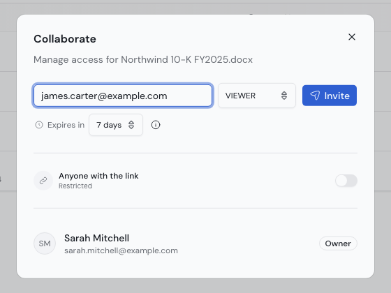 The Collaborate dialog with an email address entered, the Viewer role, an expiry of 7 days and the Invite button.