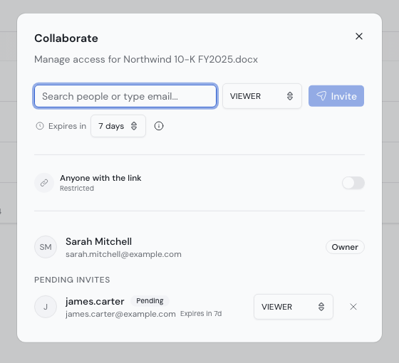 The Collaborate dialog. It has a field for a name or email address, a role picker, an expiry setting, the link-sharing switch and the list of people with access.