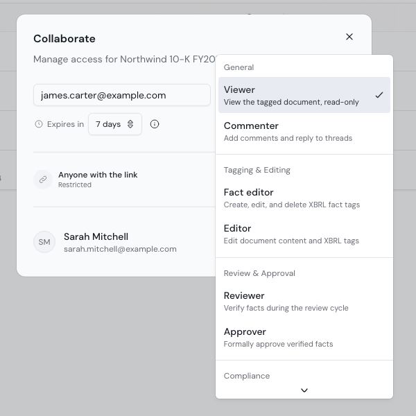 The role picker of the Collaborate dialog. It groups the roles under General, Tagging and Editing, Review and Approval, and Compliance. Viewer is selected.