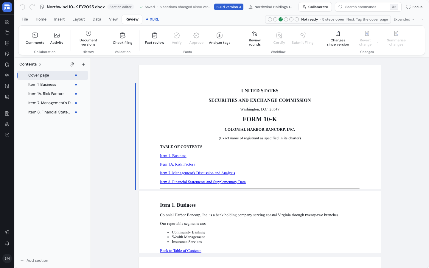 The editor with the Review tab open. At the top right, the readiness strip shows Not ready, the number of open steps and the next step.