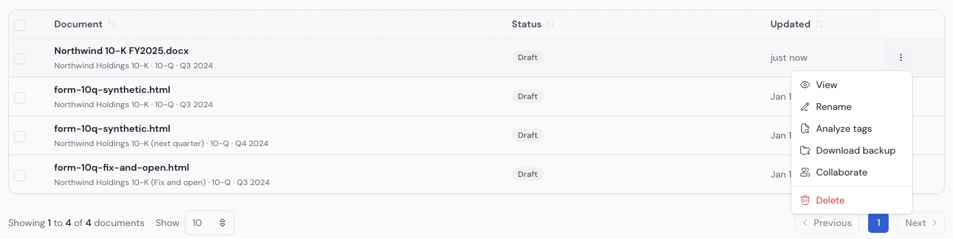 The row menu of a document in the Documents list. The menu lists View, Rename, Analyze tags, Download backup, Collaborate and Delete.